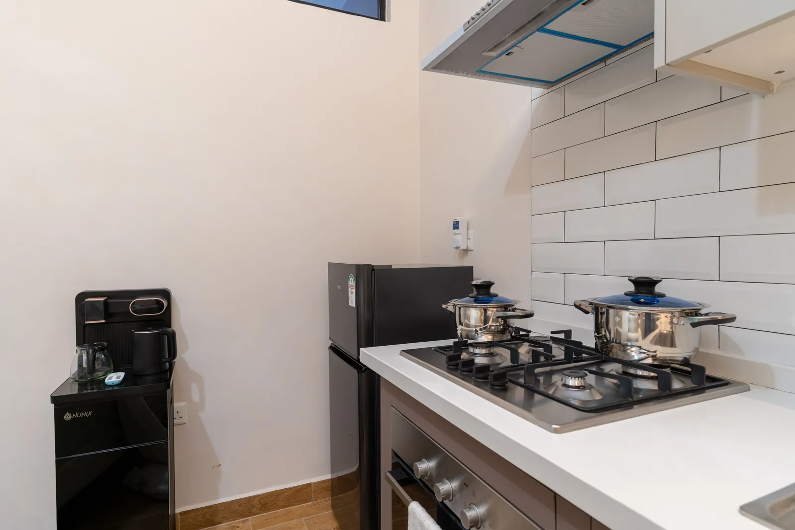 Gas hob, cookware, refrigerator and tea-making station in the apartment