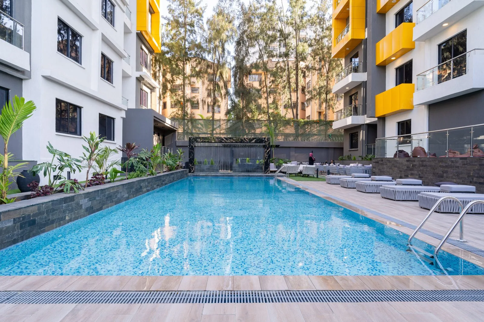 Landscaped courtyard and pool at Wilma Towers, Nairobi